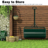 39-inch green push/tow lawn roller with a gripping handle, designed for easy wall storage and lawn leveling.