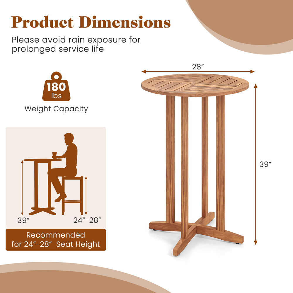 39-inch outdoor acacia wood bar table with slatted top, suitable for 2-4 people, ideal for patio or poolside use.