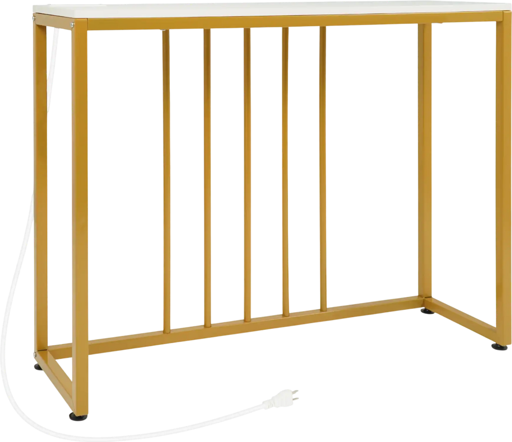 Modern 39" console table in white with a sturdy metal frame, featuring built-in charging station for versatile use.