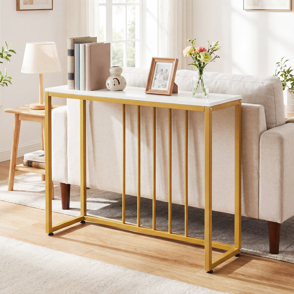 Modern 39" console table in white with gold metal frame, featuring built-in charging station, ideal for living room or.