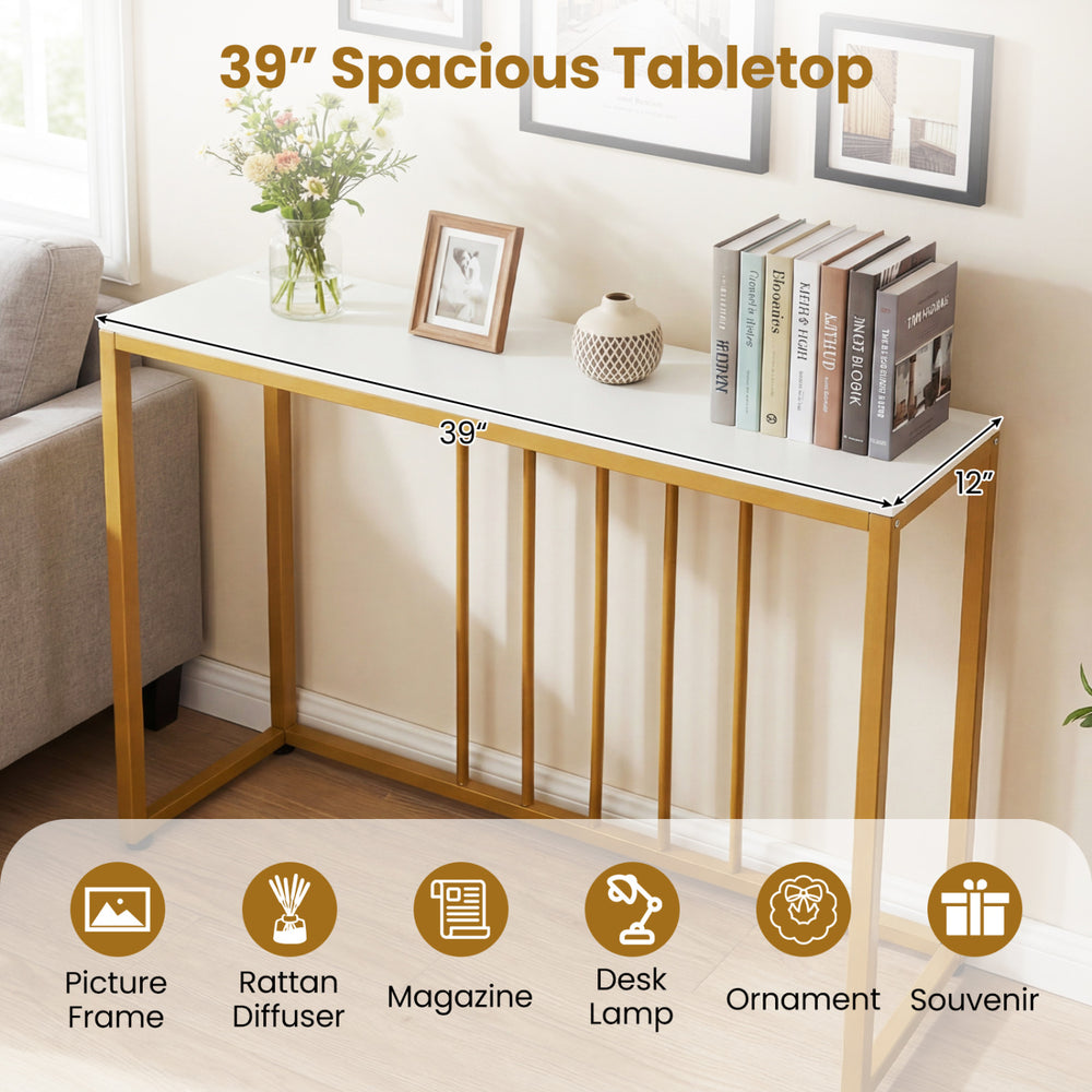 39" modern console table with white tabletop, metal frame, and built-in charging station for living room or hallway use.