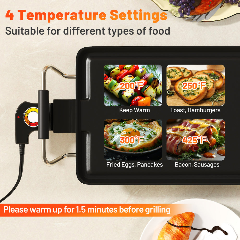 Extra large 39.5-inch electric griddle with 4 temperature settings for versatile cooking, ideal for feeding 10-12.