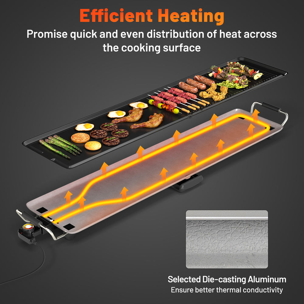 Extra large 39.5-inch electric griddle with flat and ridged surfaces for versatile cooking, featuring adjustable.