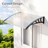 Curved black outdoor door canopy awning, 39 x 30 inches, designed to prevent water accumulation above windows.