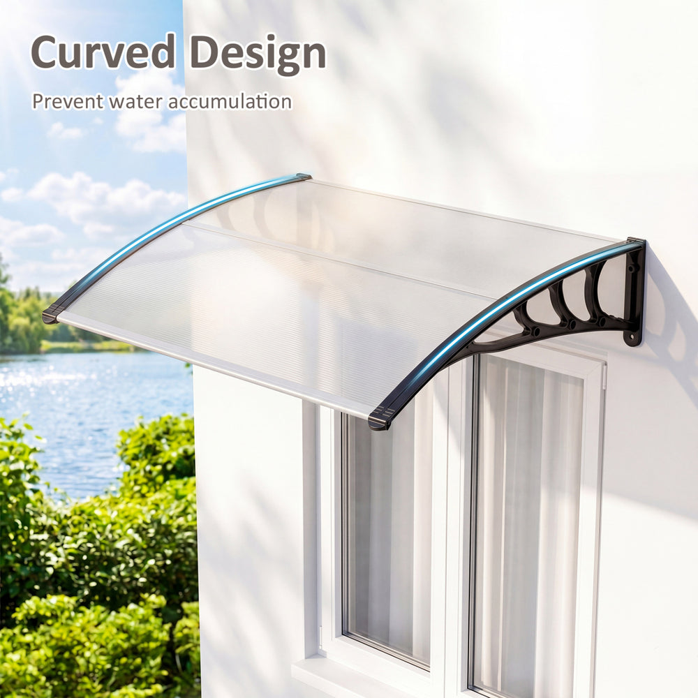 Curved black outdoor door canopy awning, 39 x 30 inches, designed to prevent water accumulation above windows.