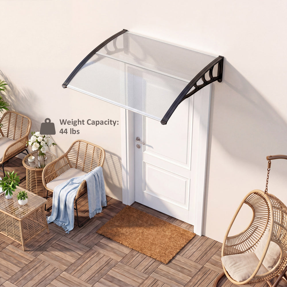 Black outdoor front door canopy awning, 39 x 30 inches, providing shelter with a weight capacity of 44 lbs.