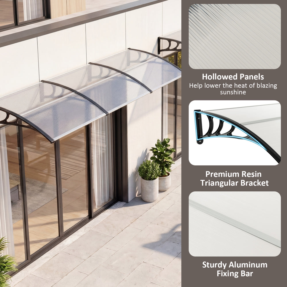 Outdoor front door window awning with black frame, featuring hollowed panels and sturdy aluminum fixing bar.