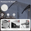 Outdoor front door window awning in black, 39 x 30 inches, showcasing premium PC sheet for noise reduction and fade.