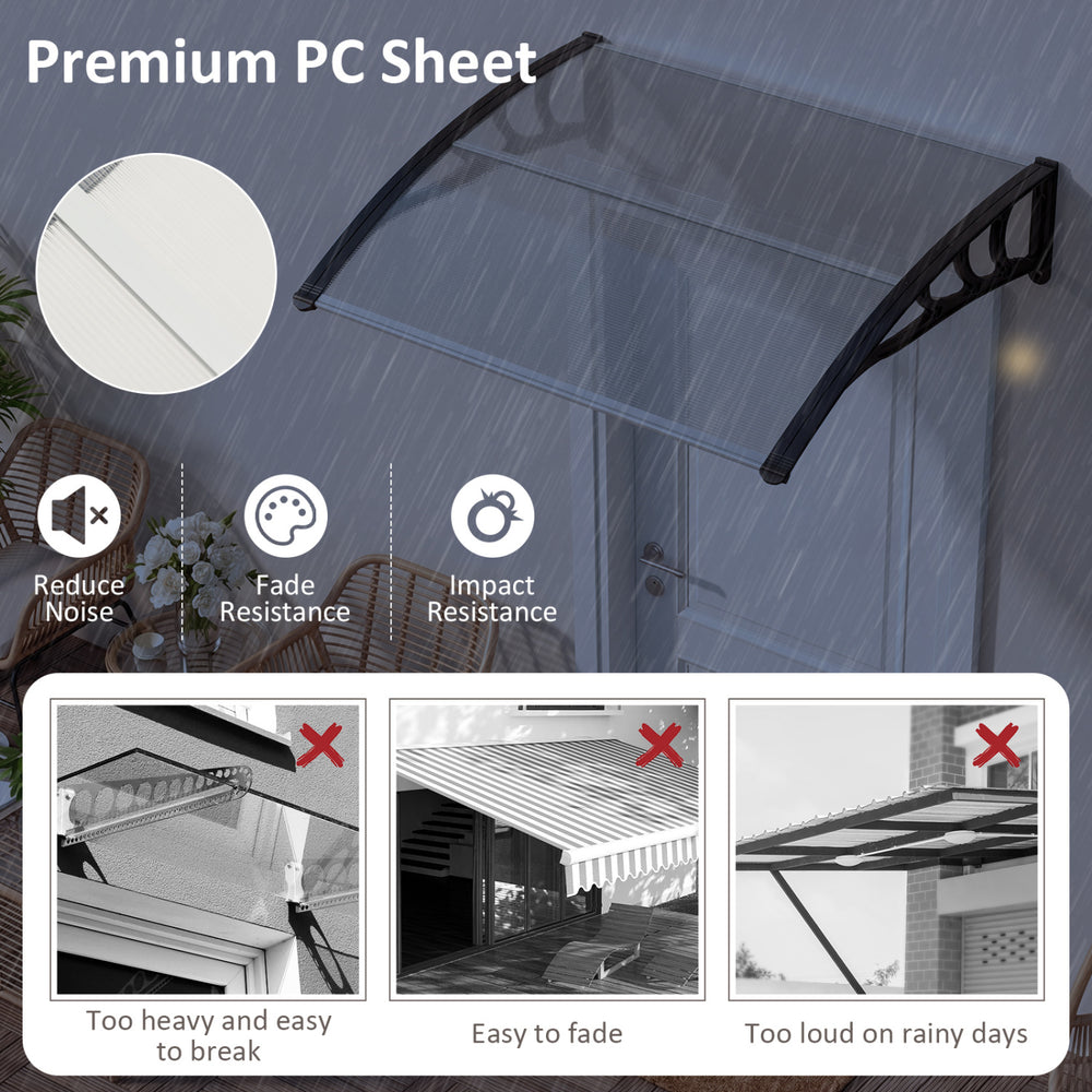 Outdoor front door window awning in black, 39 x 30 inches, showcasing premium PC sheet for noise reduction and fade.