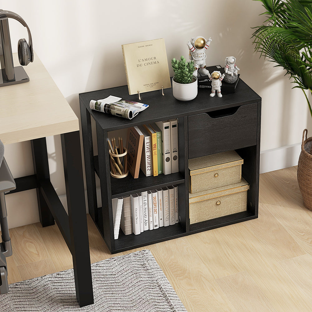 3-Cube Bookcase 2-tier Wooden Storage Shelf with Pull-out Drawer-Black - Gallery View 1 of 10
