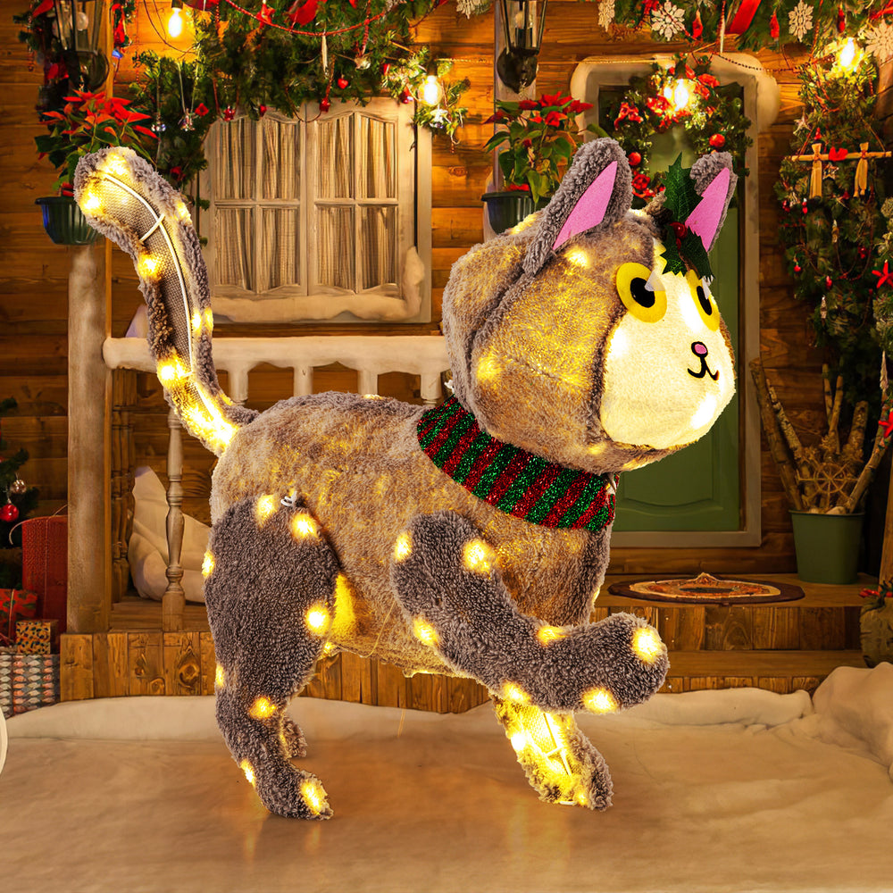 3D cute cat decoration with 88 LED lights in warm white for outdoor holiday cheer, featuring a sturdy metal frame.