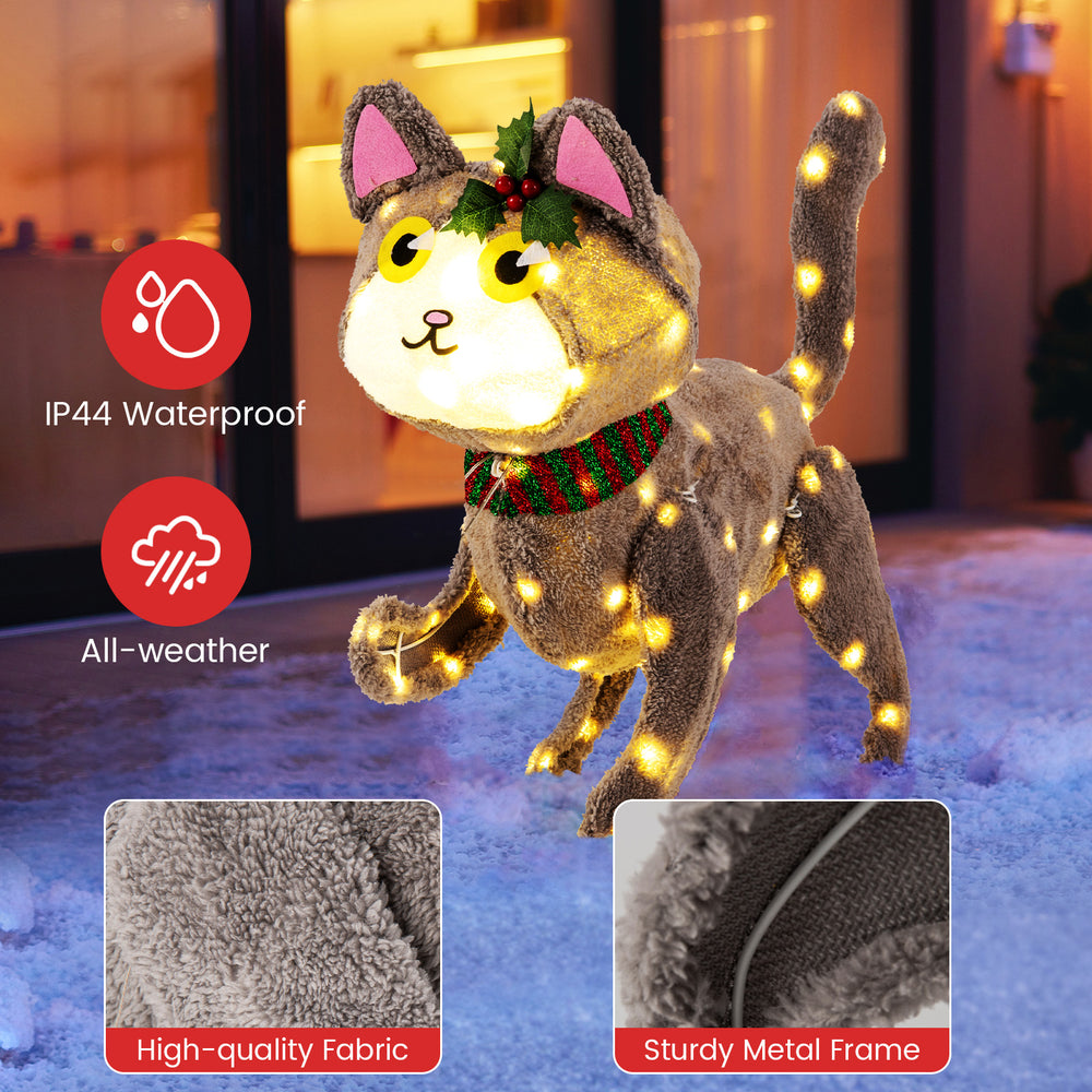 3D cute cat decoration with 88 LED lights, IP44 waterproof, made of high-quality fabric for outdoor holiday cheer.