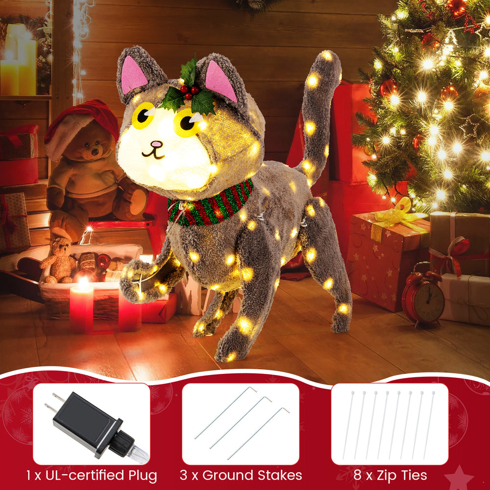 3D cute cat decoration with 88 LED lights, warm white glow, sturdy frame, perfect for outdoor holiday displays.