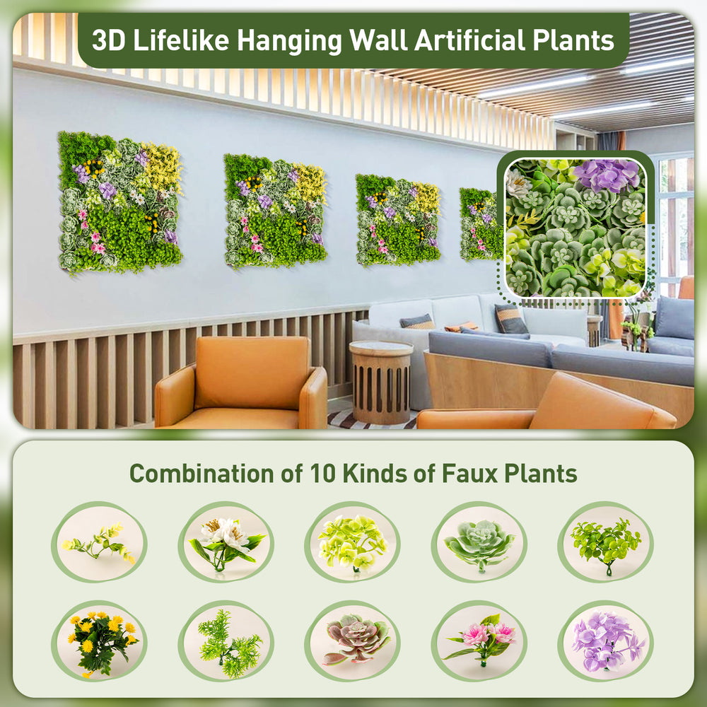Vibrant 20" x 20" 3D hanging succulents featuring 10 types of faux plants, ideal for balcony or home decor.
