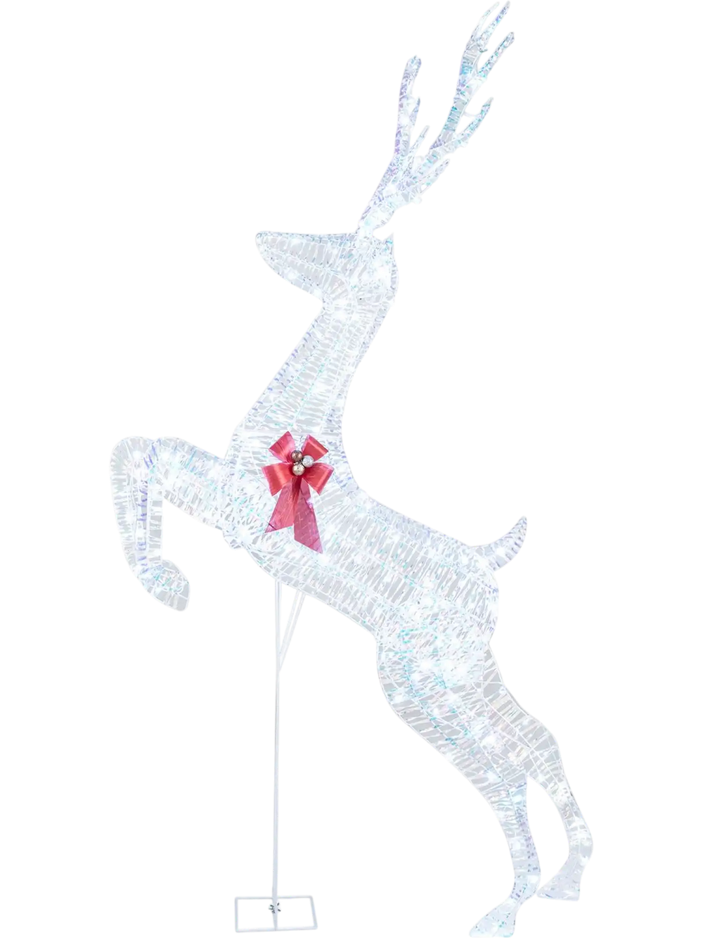 3D large lighted Christmas reindeer decoration with 190 LED lights, red bow, and iridescent ribbon for outdoor holiday decor.