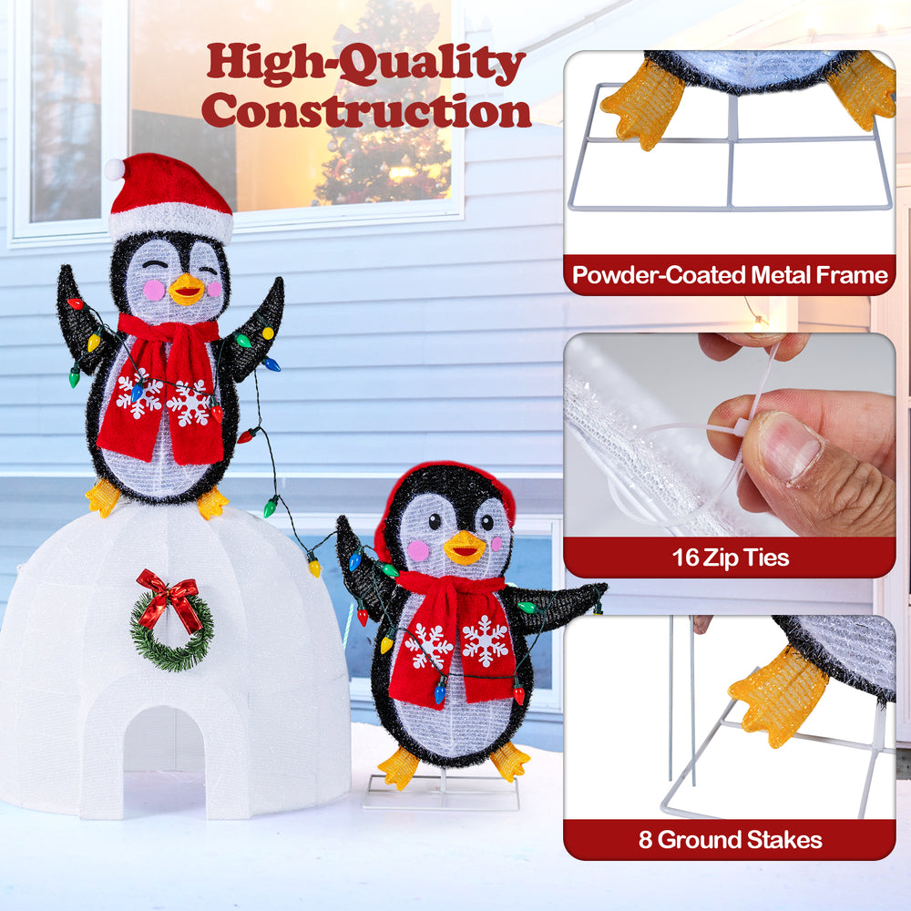 3D pre-lit igloo with penguins wearing scarves, featuring 170 LED lights and a powder-coated metal frame for outdoor.