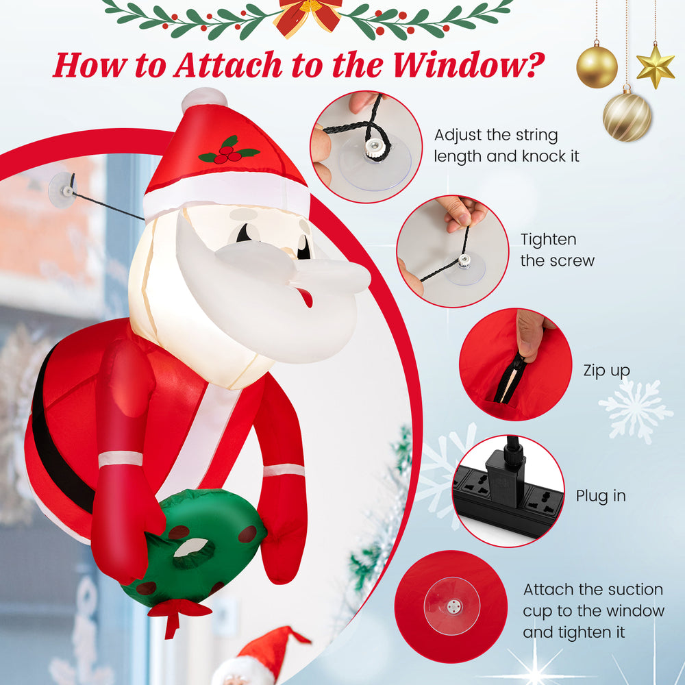 Lighted inflatable Santa Claus with wreath, 3.3 feet, designed for window display, includes suction cups for easy setup.