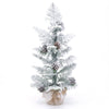Snow-flocked 3FT mini tabletop Christmas tree with pine cones and a stable linen-wrapped base for festive decor.