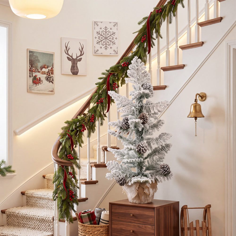Mini tabletop Christmas tree with snow flocked leaves and pine cones, perfect for festive entry tables and mantels.