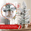 3FT mini tabletop Christmas tree features snow flocked PE leaves, 7 pine cones, and a stable cement-filled linen-wrapped base.