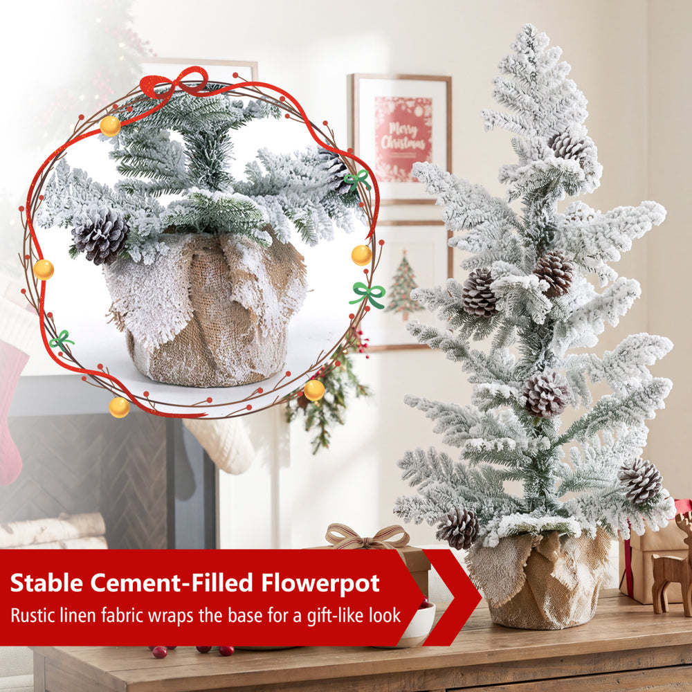 3FT mini tabletop Christmas tree features snow flocked PE leaves, 7 pine cones, and a stable cement-filled linen-wrapped base.