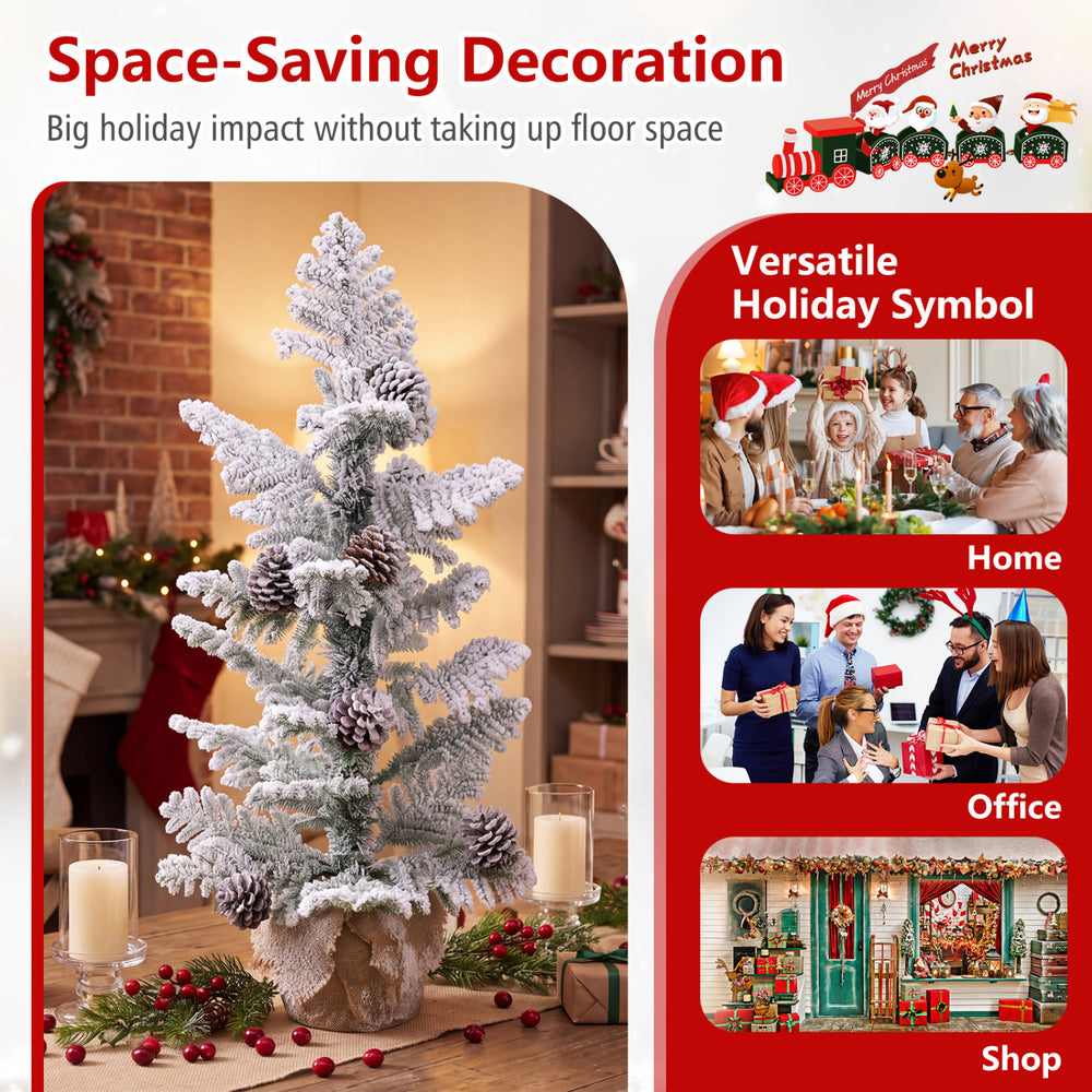 3FT mini tabletop Christmas tree features snow flocked PE leaves, pine cones, and a stable linen-wrapped cement base for festive decor.