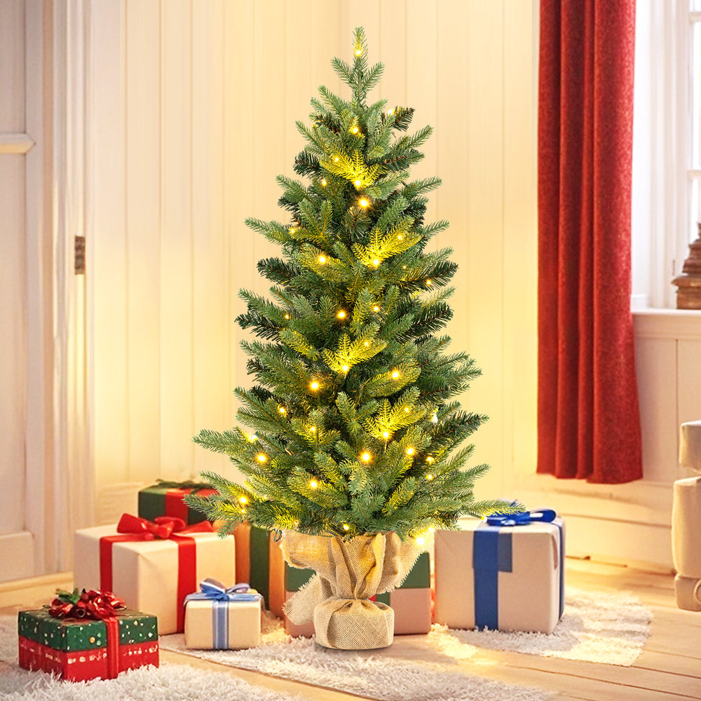 3 feet mini pre-lit artificial Christmas tree with burlap base, featuring warm white lights for festive home decor.