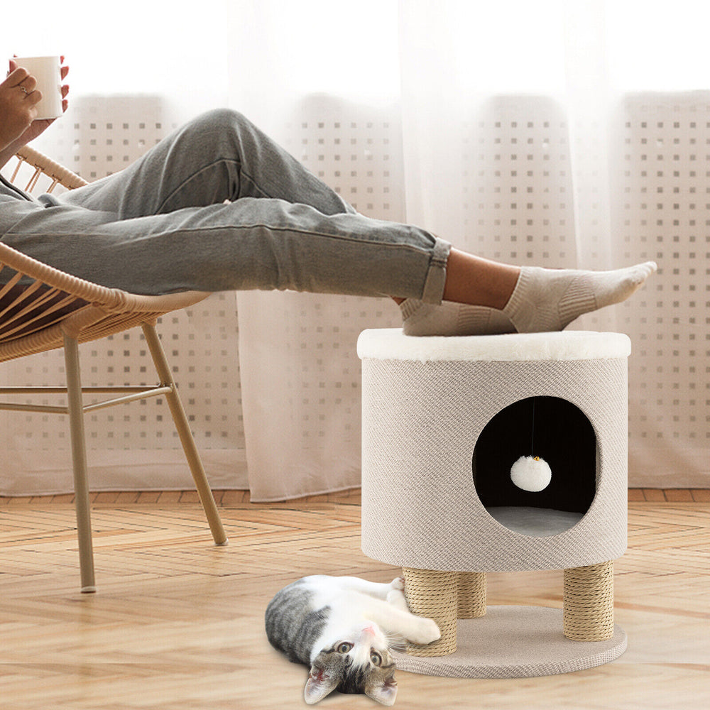 3-in-1 Cat Condo Stool Kitty Bed with Scratching Posts and Plush Ball Toy-Beige - Gallery View 1 of 10