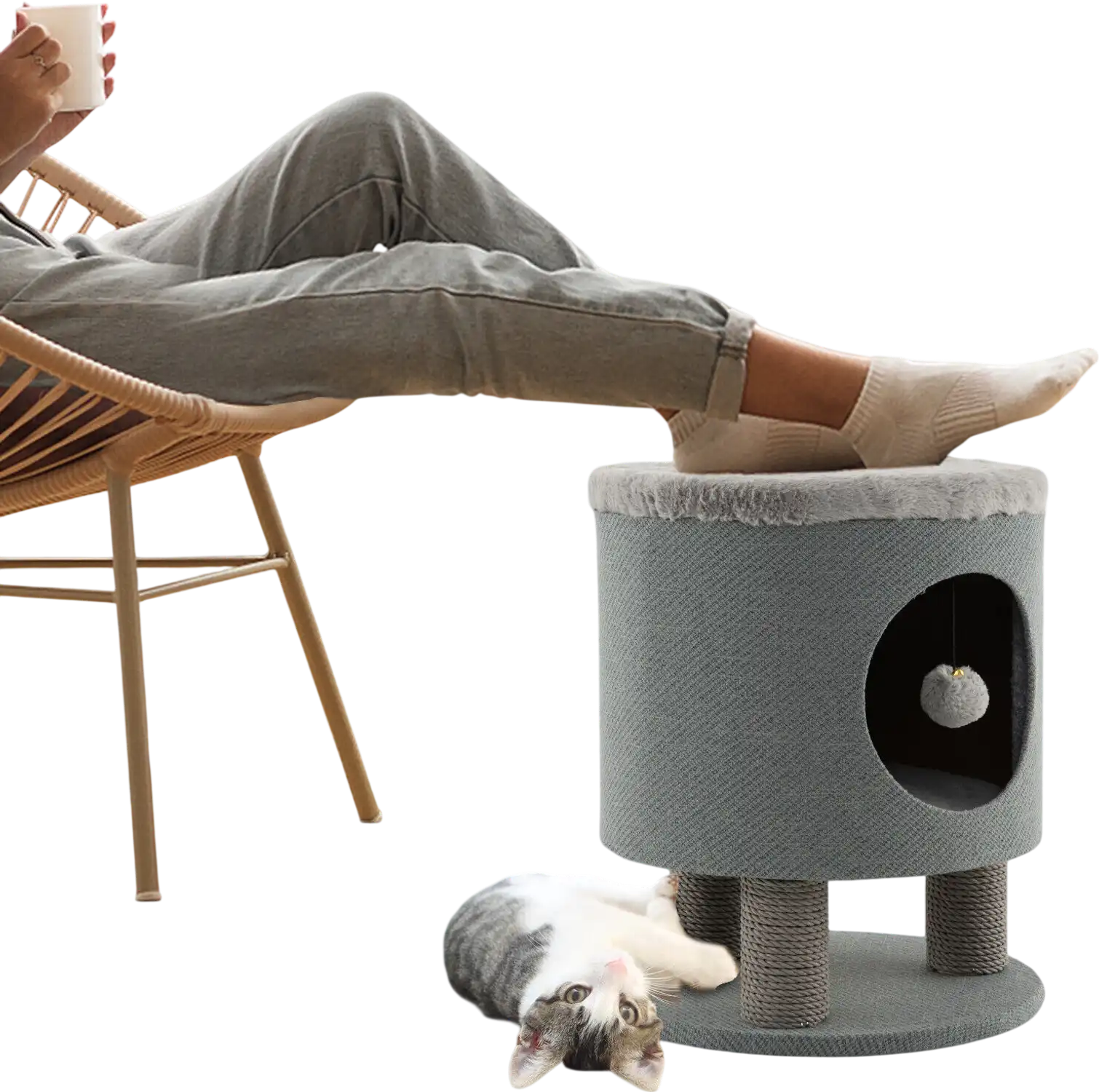 Costway 3-in-1 Cat Condo Stool Kitty Bed Scratching Posts Plush Ball Toy Gray 61294378 New