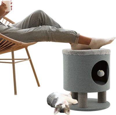 Costway 3-in-1 Cat Condo Stool Kitty Bed Scratching Posts Plush Ball Toy Gray 61294378 New
