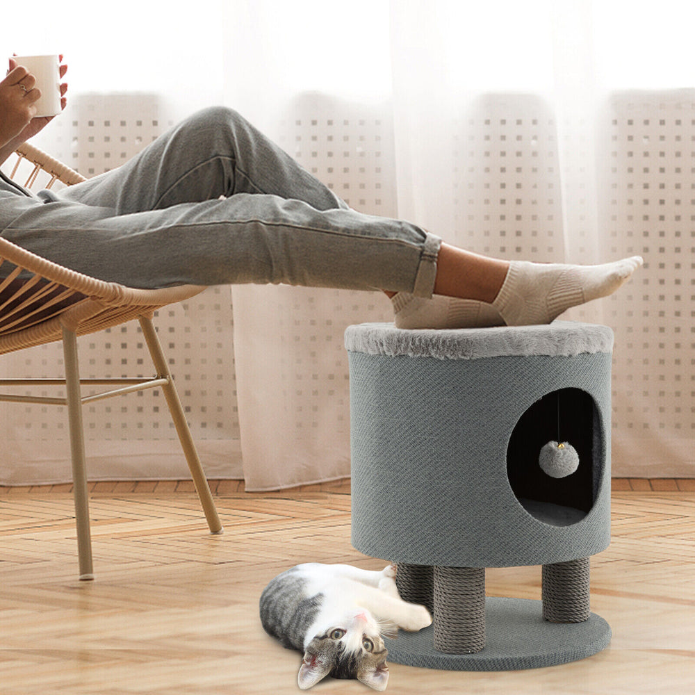 3-in-1 Cat Condo Stool Kitty Bed with Scratching Posts and Plush Ball Toy-Gray - Gallery View 1 of 10