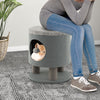 Gray 3-in-1 cat condo stool with scratching posts, plush ball toy, and soft cushion for comfortable seating and cat.