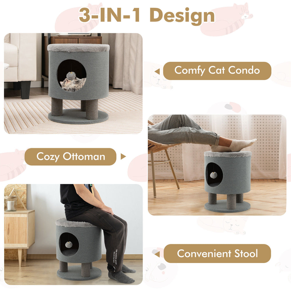 Cozy gray 3-in-1 cat condo stool with scratching posts and plush ball toy, perfect for resting and play.