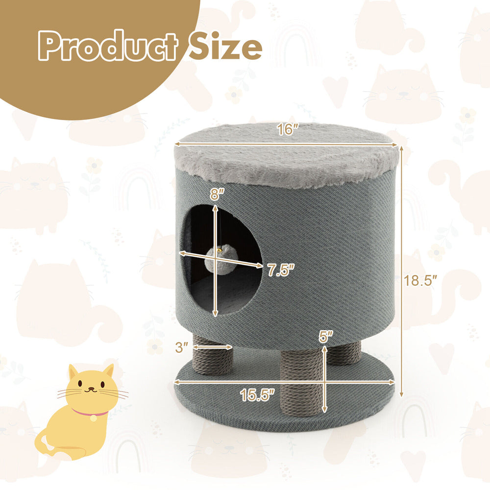 Gray 3-in-1 cat condo stool with scratching posts, plush ball toy, and spacious resting area, measuring 16" x 18".