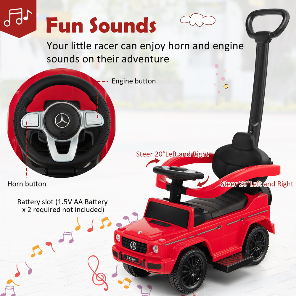 Red Mercedes Benz G350 ride-on push car with steering wheel, horn sounds, and adjustable canopy for kids aged 1-3.