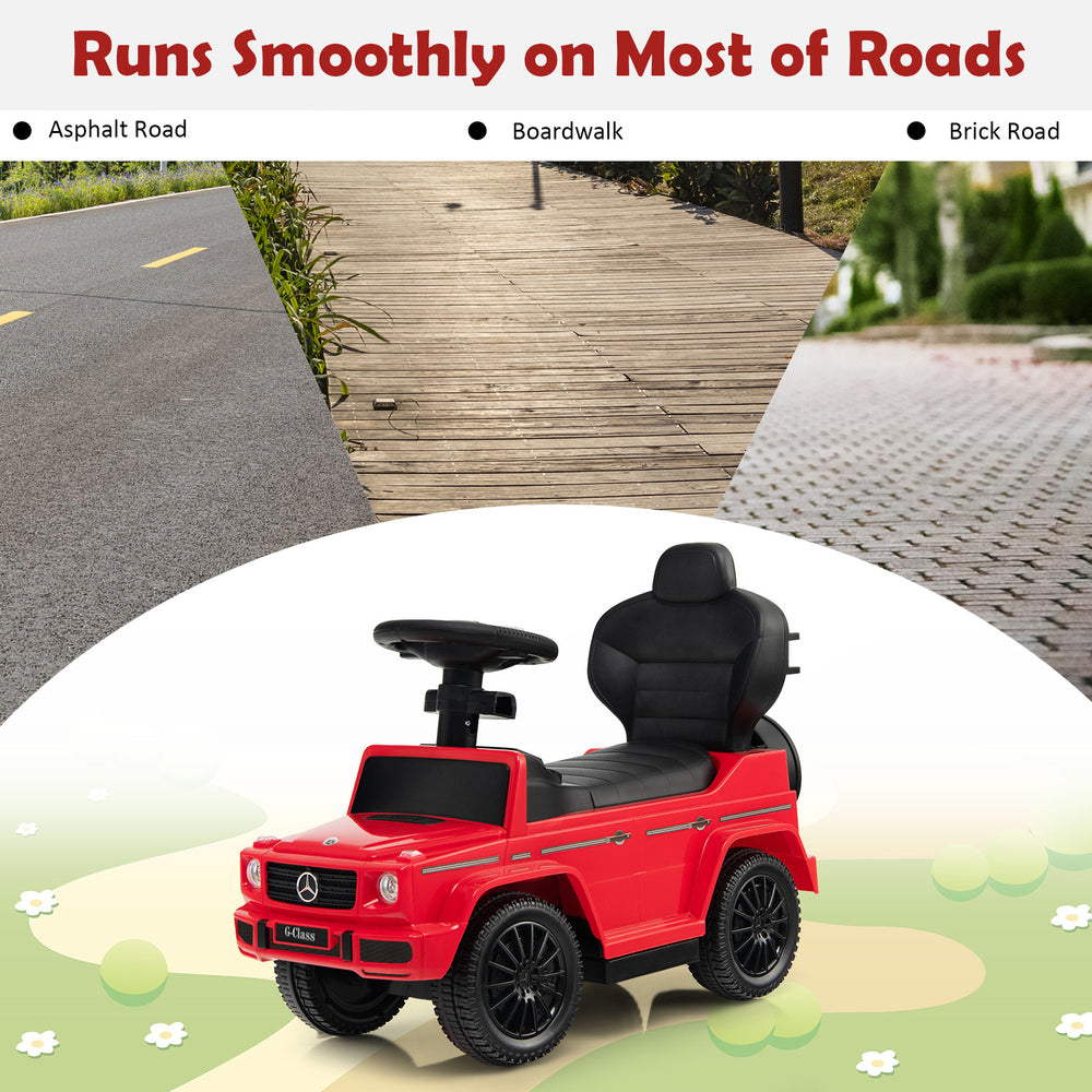 Red 3-in-1 ride-on push car Mercedes Benz G350 with adjustable canopy, suitable for kids 1-3 years old.