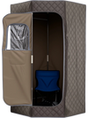 Portable steam sauna with gray cover, includes folding chair, features 9 heat levels and clear window for visibility.