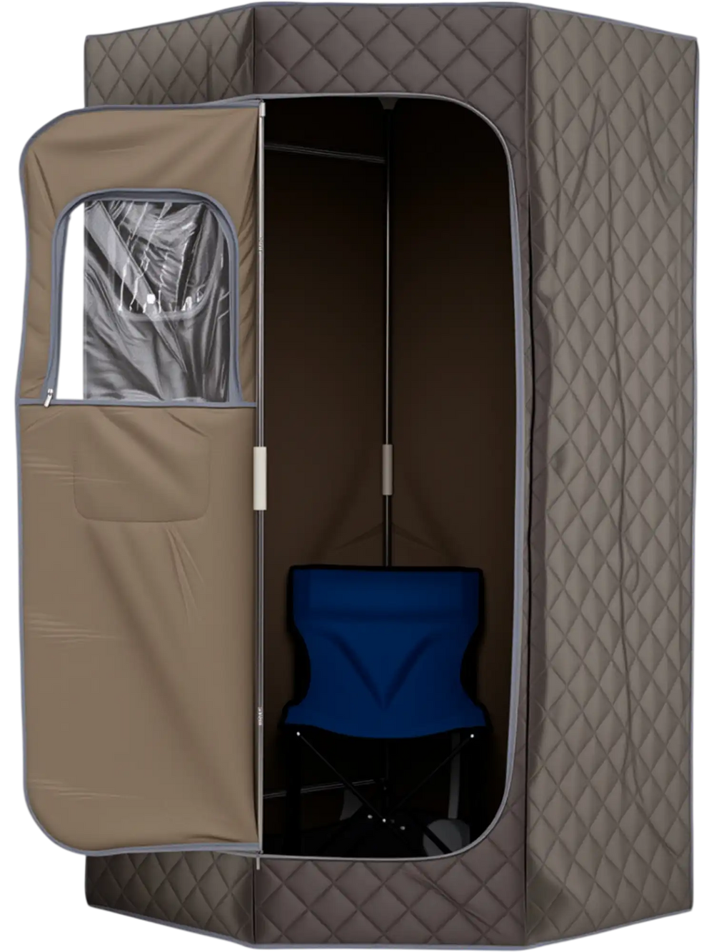 Portable steam sauna with gray cover, includes folding chair, features 9 heat levels and clear window for visibility.