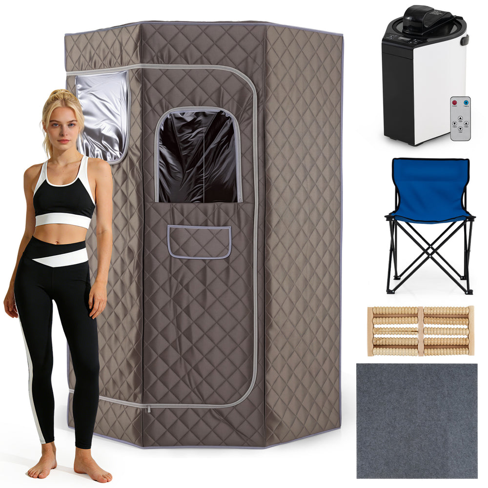 Portable gray steam sauna with 9 heat levels, external pocket, and included folding chair for home spa sessions.