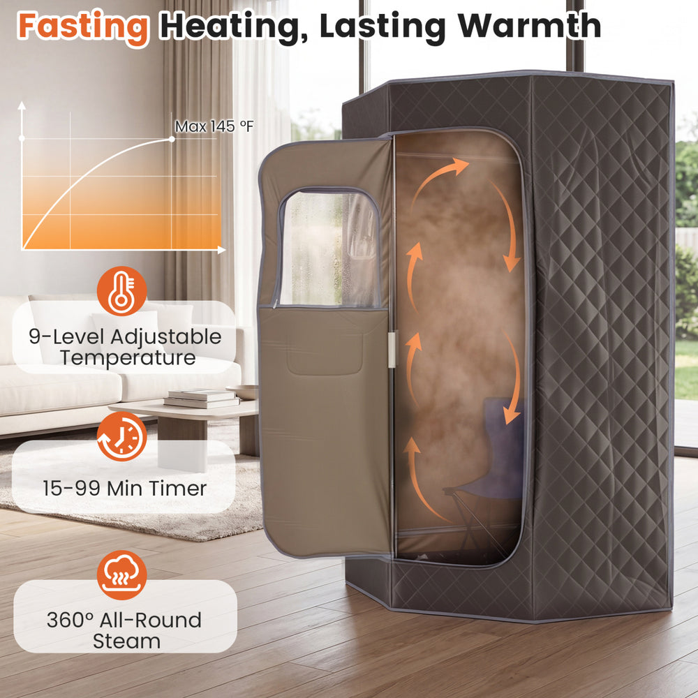 Portable gray steam sauna with 9 heat levels, 360° steam circulation, and included folding chair for home spa sessions.