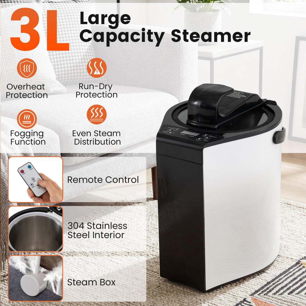 3L portable steam sauna in gray with remote control, 9 heat levels, and 304 stainless steel interior for home.