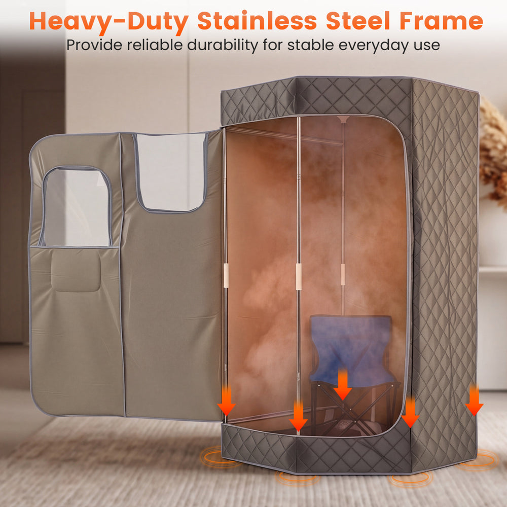 Portable steam sauna with a heavy-duty stainless steel frame, featuring a clear window and external pocket for.