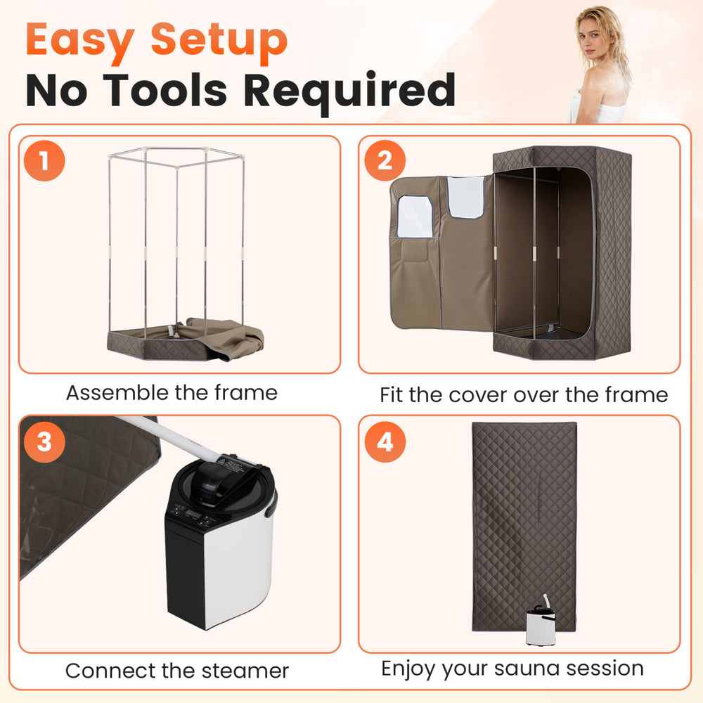 Portable steam sauna setup steps showing frame assembly, cover fitting, and steamer connection for home use.