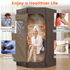 Portable steam sauna with 9 heat levels, gray fabric, and included chair for home relaxation and stress relief.