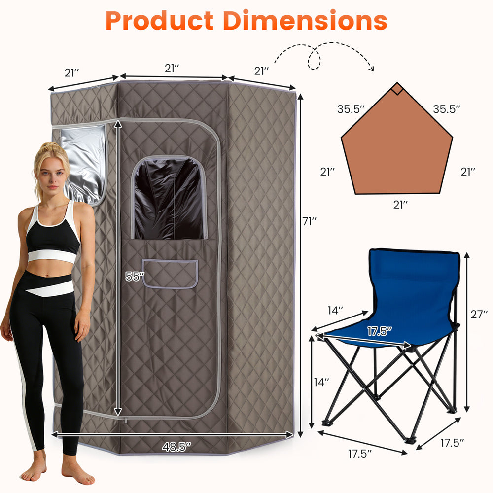 Portable steam sauna with dimensions, gray fabric, and included folding chair for home spa sessions.