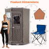 Portable steam sauna with dimensions, gray fabric, and included folding chair for home spa sessions.