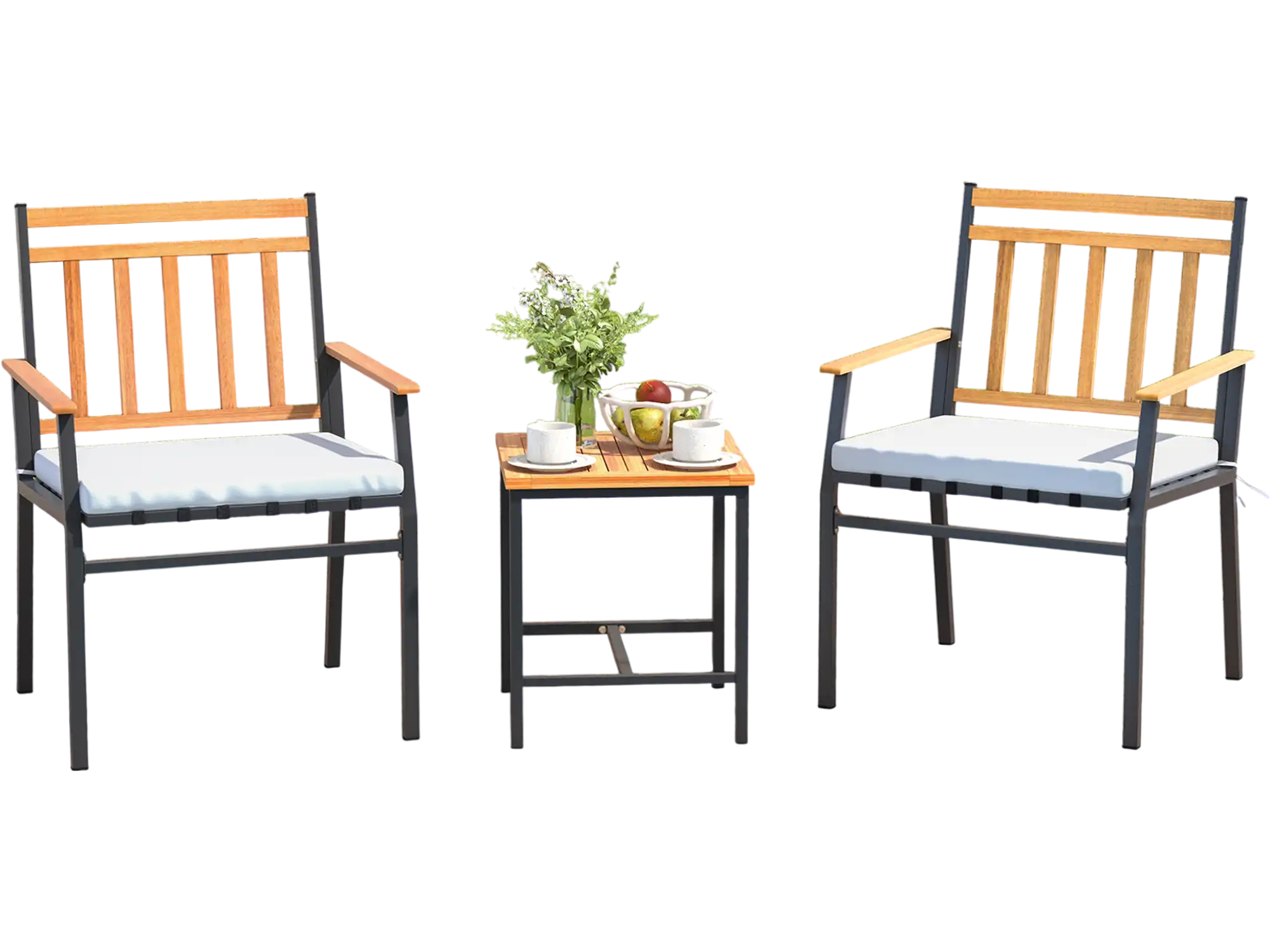 Costway 3-Piece Acacia Wood Patio Conversation Set w/ Cushions White 97368215 New