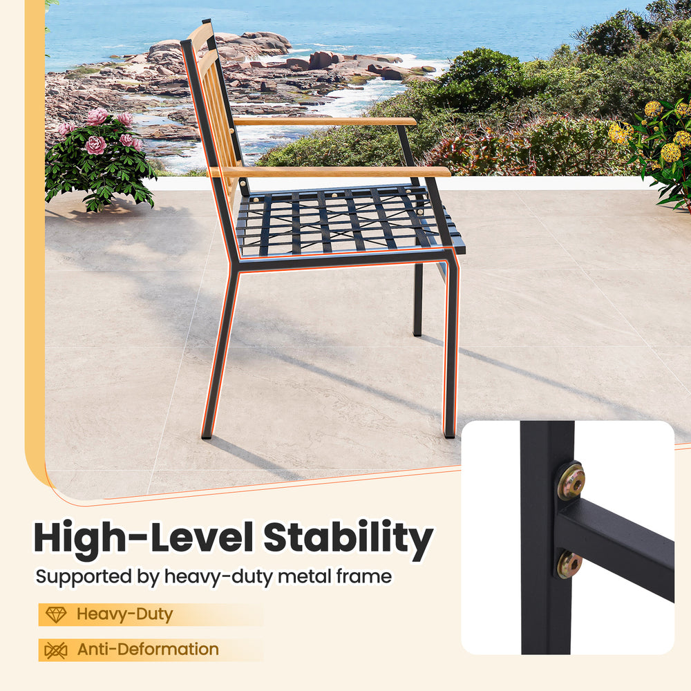 Heavy-duty metal frame chair with acacia wood backrest, designed for outdoor stability and comfort with soft cushions.
