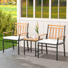 Three-piece outdoor furniture set featuring acacia wood chairs and table with white cushions for patio relaxation.