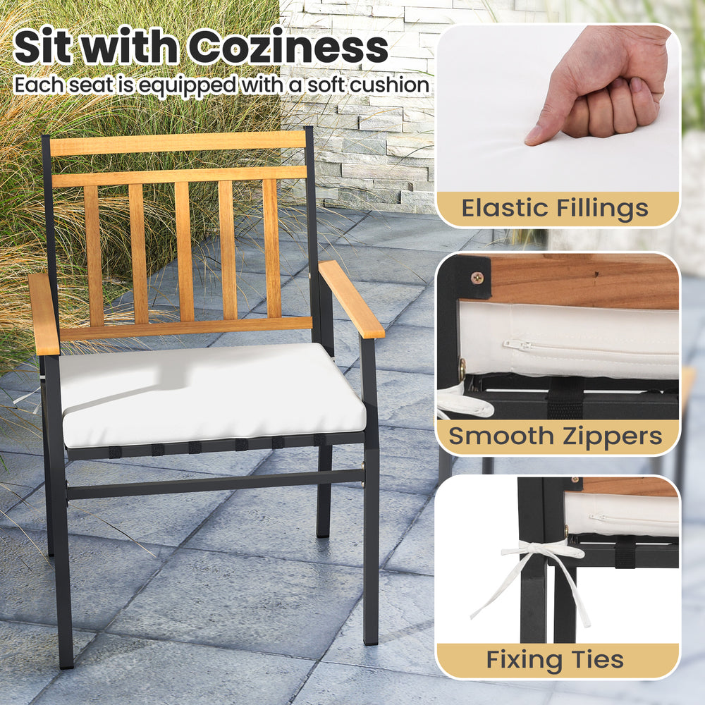 Outdoor chair with acacia wood armrests and soft cushion, featuring zippered covers and fixing ties for stability.